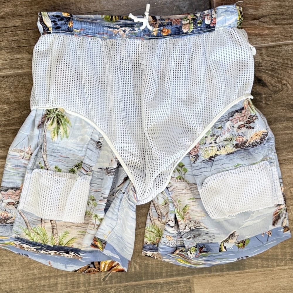 Reyn Spooner VIntage Y2K Hawaiian Fishing Print 7" Swim Board Shorts, Blue, M - Picture 8 of 9